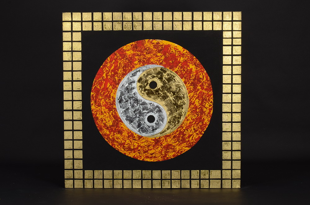 Obraz s motivem Jin a Jang s kostkovanými okraji a oranžovým středem