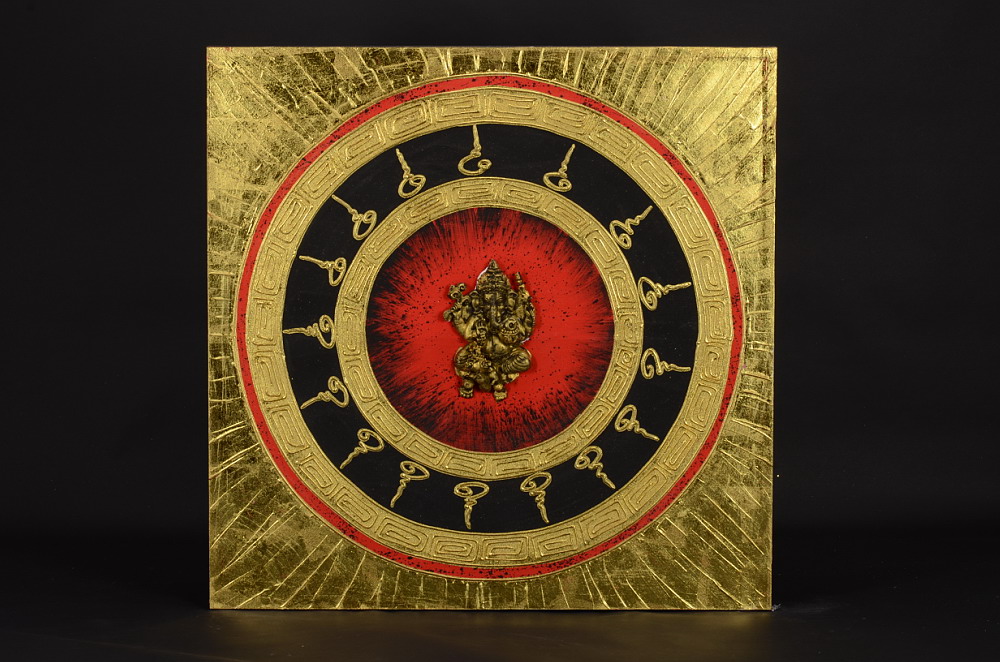 Ganeshi obraz na plátně, zlato-černý s červenými prvky
